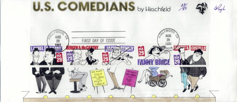 Large Pugh Designed/Painted Comedians Strip of 5 FDC.. 23 of  89 created!