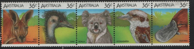 AUSTRALIA, 992, STRIP OF 5,  MNH, FOLDED, 1986 Wildlife