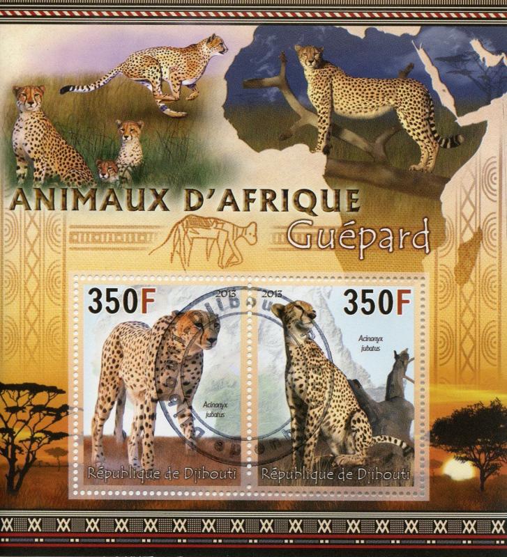 Djibouti 2013 CTO Cheetahs Animals of Africa 2v M/S Big Cats Wild Animals Stamps