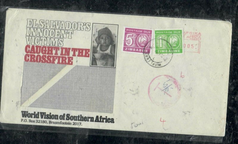 ZIMBABWE COVER (PP0301B)   INCOMING COVER FROM SA POSTAGE DUE 1C+5C