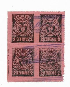 COLOMBIA year 1901 2 cents pink Used block of four scott 186 Michel 135B