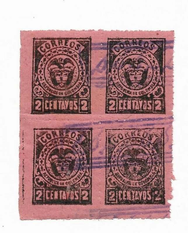 COLOMBIA year 1901 2 cents pink Used block of four scott 186 Michel 135B  