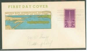 US 852 1939 3c Golden Gate International Exposition (single) on an addressed first day cover with a Crosby cachet.