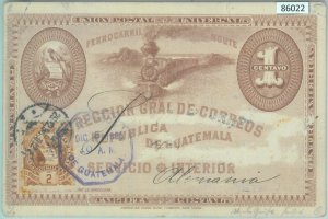 86022 - GUATEMALA - POSTAL HISTORY - forwarded STATIONERY CARD 1895 - TRAINS