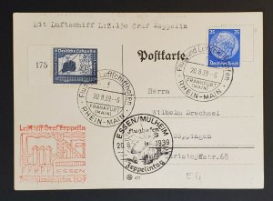 1939 Germany LZ 130 Graf Zeppelin Essen Mulheim Flight Postcard Air Mail Cover