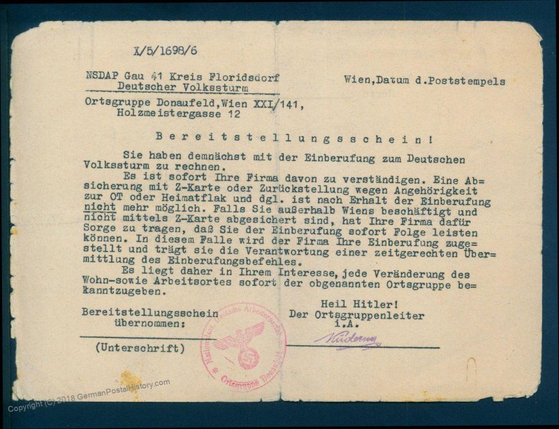 3rd Reich Austria 1945 Gau 41 Vienna Germany Volksturm Bereitsstellungssch 93542