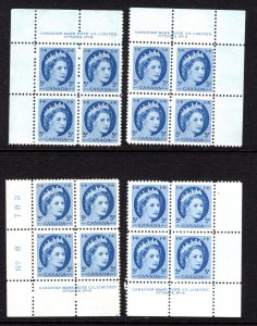 341, Scott, QEII Wilding, 5c, PB8, Matched Set of 4 Plate Blocks, MNHOG, VF