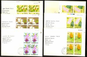 BARBADOS 1974-77 ORCHIDS FLOWERS Set in SHEET No. BLKS OF 4 Each on Cover SCARCE