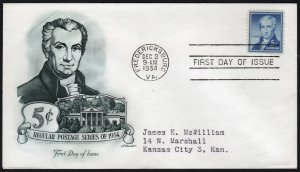 SC#1038 5¢ James Monroe FDC: Artmaster (1954) Addressed