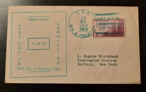 1934 US Navy Last Day Commission Cachet USS WM B Preston 344 Buffalo New York