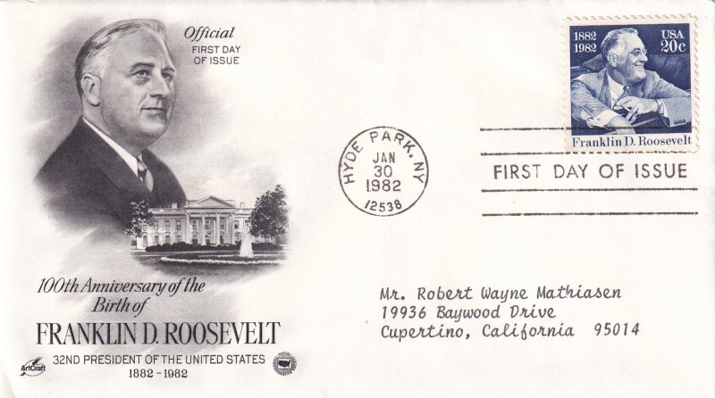 1982, 100th Anniv. Birth Franklin D. Roosevelt, Art Craft/PCS, FDC (E12239)