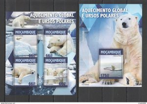 2016 Mozambique Fauna Animals Polar Bears Global Warming 1Kb+1Bl ** St2163