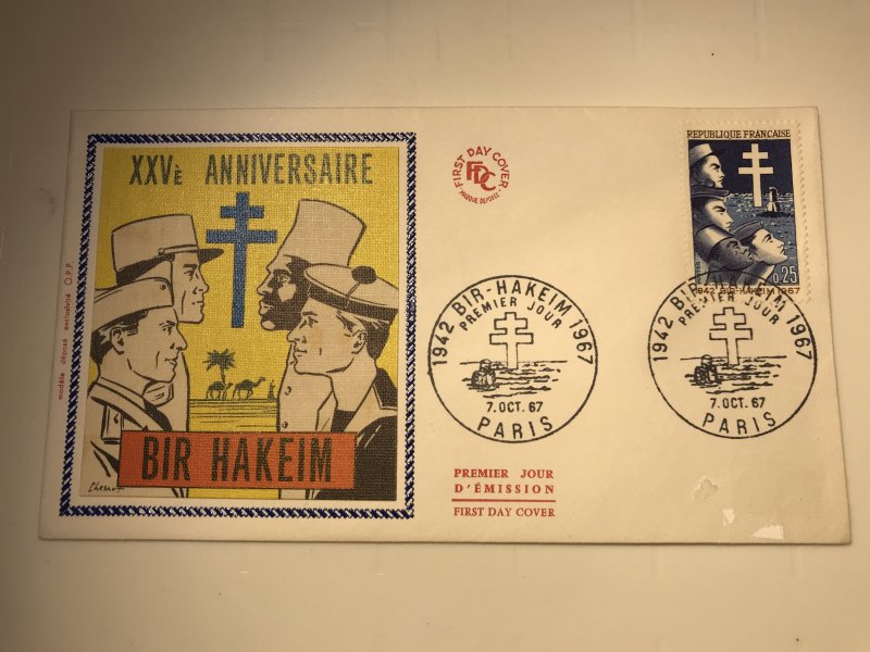 France Colorano silk FDC, 7 oct. 1967, 25e anniversaire Bir-Hakeim 1942-1967