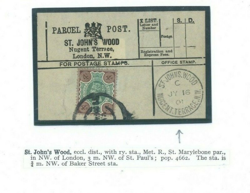 GB PARCEL POST LABEL Superb *Nugent Terrace St.Johns Wood*CDS 1901 London 23a.32