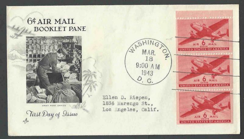 1943 #C25a FDC Complete Bklt Pane W/Tab Well Centered Cats #30. In Mellone
