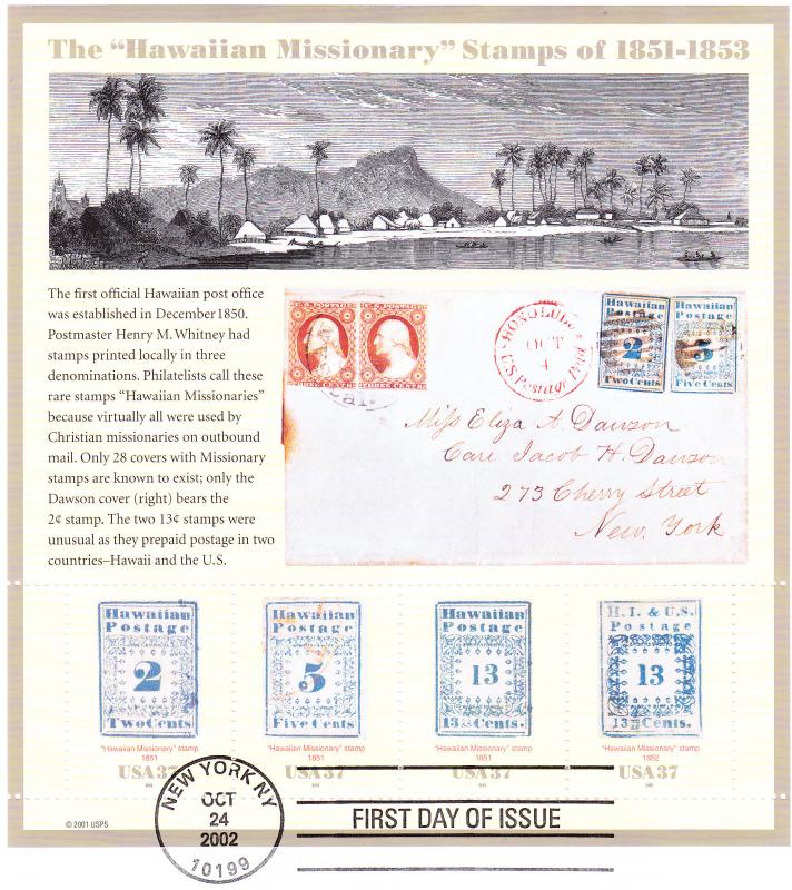U.S. Hawaiian Missionary Sheet on Large Envelope. FDC