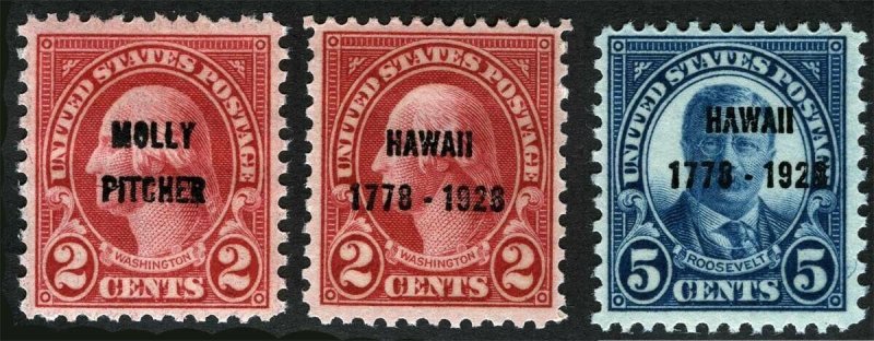 US Sc 646 647 648 Blue Carmine 2¢ 5¢ MNH Original Gum Molly Pitcher Hawaii Ovrpt