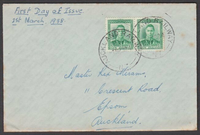 NEW ZEALAND 1938 GVI ½d green FDC - AUCKLAND RAILWAY cds....................N623