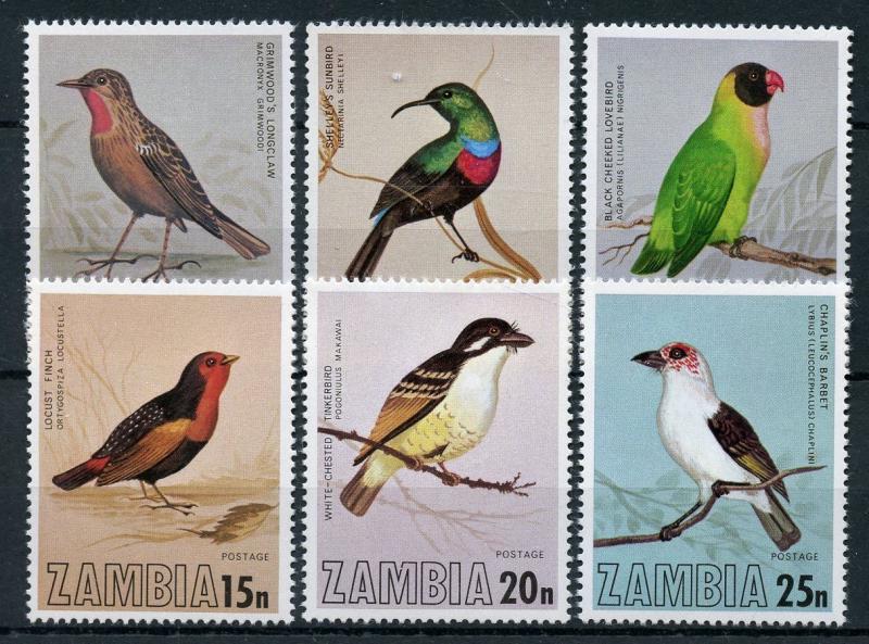 Zambia 1977 MNH Birds 6v Set Sunbirds Lovebirds Finches Barbet Stamps