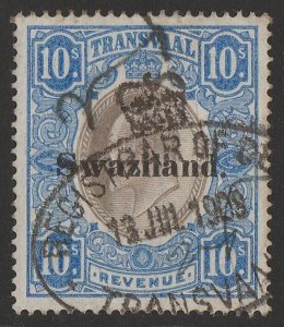 SWAZILAND 1904 'Swaziland' on KEVII Transvaal Revenue 10/- grey-black & blue.