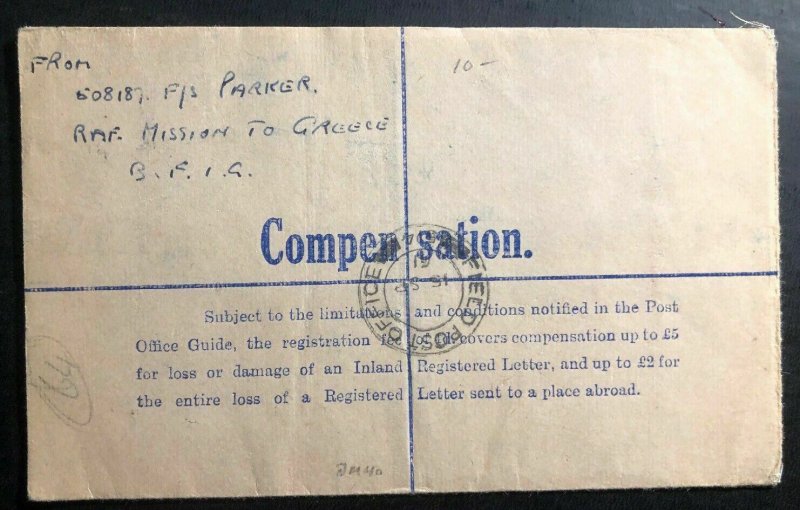1951 Athens Greece British Army FPO 514 Registered Letter Cover To England