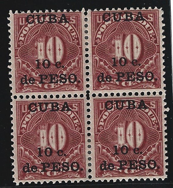 CUBA Scott # J3 Mint 10c on 10c Block of 4 Postage Due.stamp 2019 CV $125.00