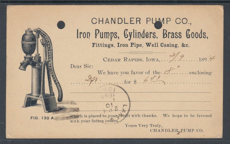 US Sc UX10 Illustrated Advertising Card, Chandler Pump Co, Iron Pumps, Iron Pipe