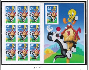 US #3205 1998 SYLVESTER & TWEETY - PANE OF 10 32C DIE CUTTING- MINT NEVER HINGED