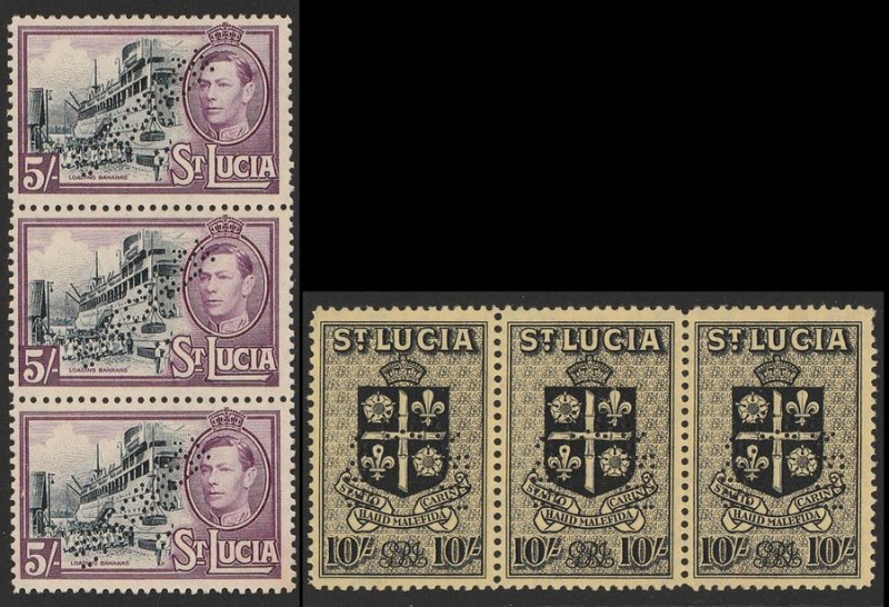 ST. LUCIA : 1938 KGVI Pictorial original set ½d to 10/- SPECIMEN in strips. RARE