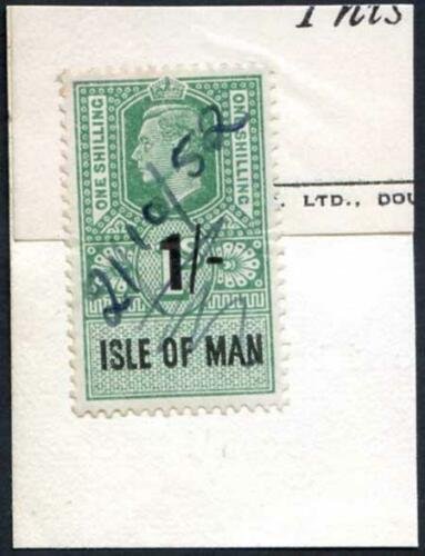 Isle of Man KGVI 1/- Key Plate Type Revenue CDS on Piece 