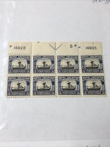 US 621 Norse - American 5C Blue Plate Block of 8 Very Fine Hinged in 2 Stamps