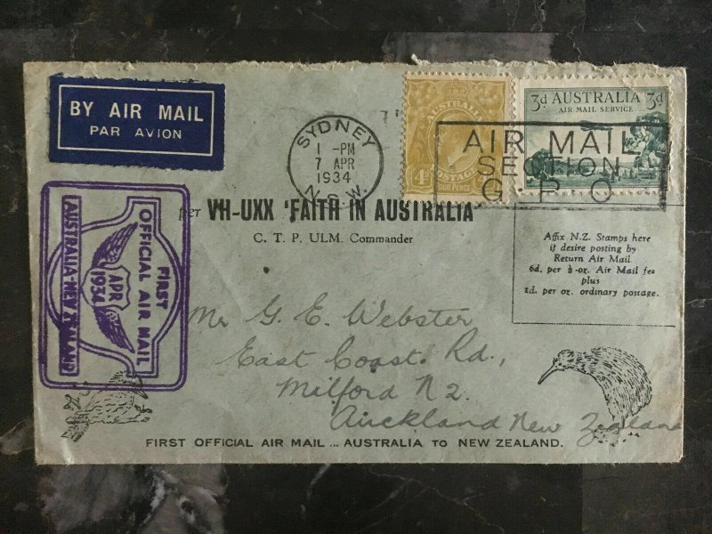 1934 Sydney FAith in Australia to Auckland New Zealand FFC First Flight Cover