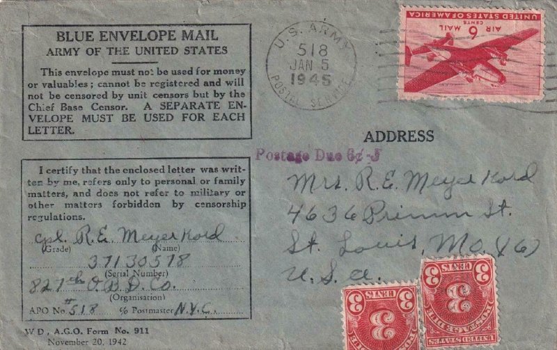 1945, APO 518, Honor Envelope to St. Louis, MO, Airmail, Postage Due (M5012)