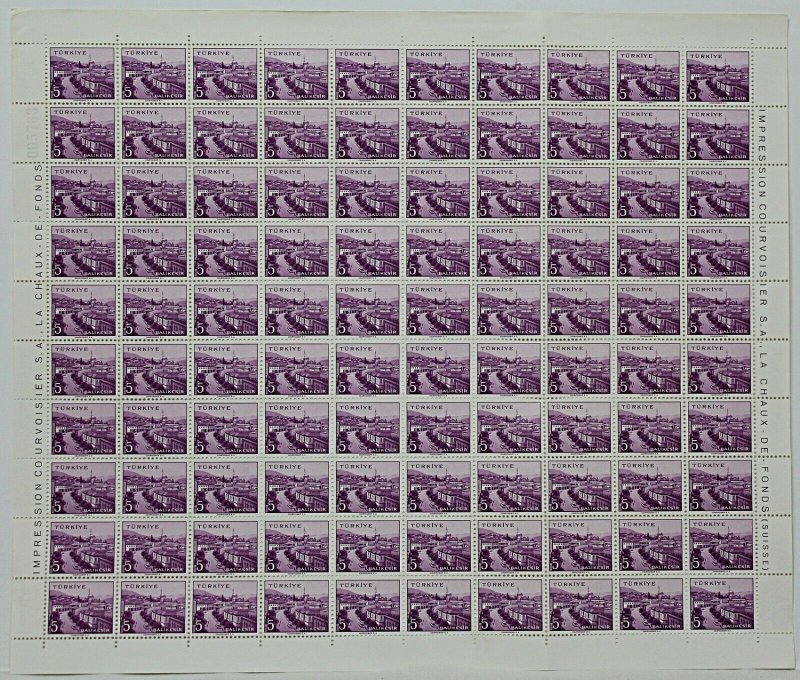 Turkey 1958 Turkish Towns 5k Violet Balikesir complete sheet of 100 Stamps