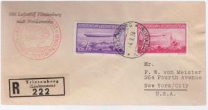 1936 Liechtenstein Hindenburg Zeppelin LZ 129 register cover to USA # C15 C 16 