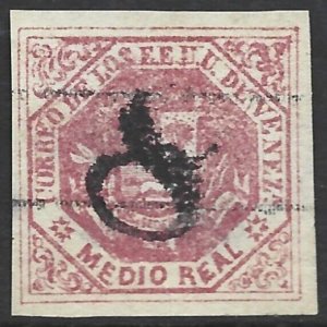 Venezuela 1876-77 Arms 1/2r Pink Shade #47b Inverted Ovpt VF Used CV $7.50-