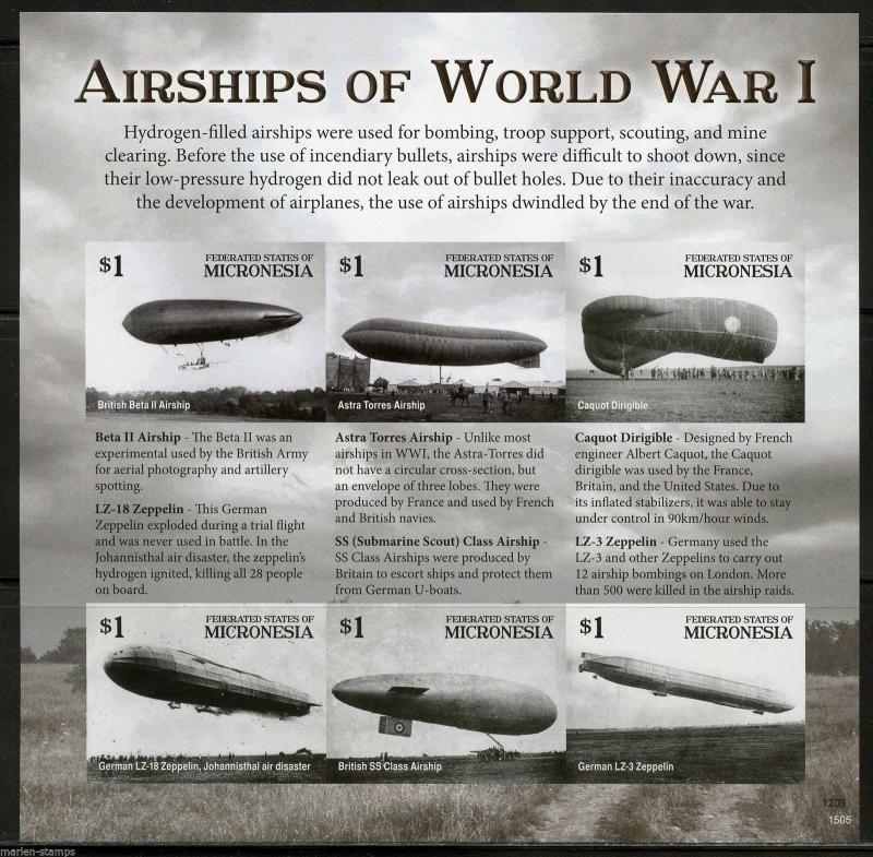 NEVER BEFORE OFFERED MICRONESIA  2015 AIRSHIPS OF WORLD WAR I SHEET  IMPERF NH