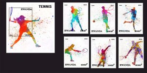 Stamps.  Sports Tennis Rwanda 2022 year , 6 stamps + block perforated