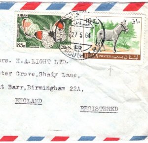 LEBANON Air Mail Cover Beirut Registered 1968 HORSES BUTTERFLIES {samwells}MA860