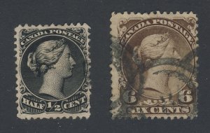 2x Canada Large Queens Used Stamp; #21-1/2c F/VF #27-6c F Guide Value = $130.00