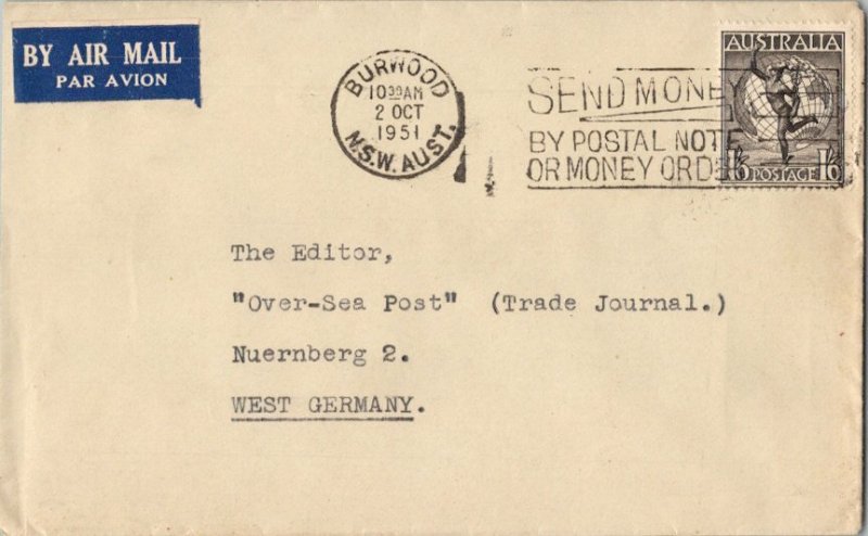 Australia 1/6 Atlas and Globes 1951 Burwood, N.S.W. Aust. Airmail to Nuernber...