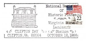 US SPECIAL POSTMARK EVENT COVER HISTORIC VIRGINIA STATE LANDMARKS CLIFTON 1986