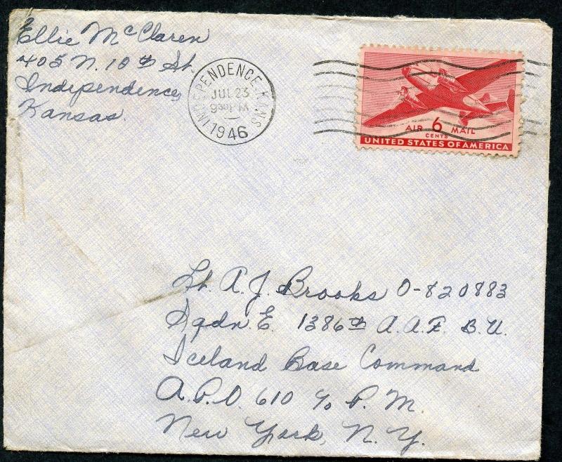 US INDEPENDENCE, KS 7/23/1946 AIR COVER TO ICELAND BASE COMMAND APO 610 AS SHOWN 