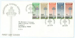 Singapore 382-386 1981 Opening of Changi airport (set of five) on an addressed cacheted first day cover.