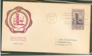 US 857 1939 3c/300th anniversary of the printing press in North America (single) on an addressed (typed) first day cover with a