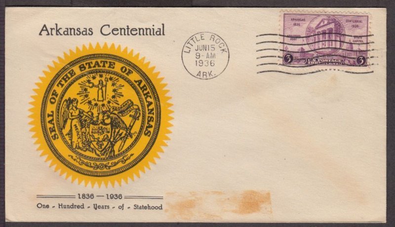 1936 Arkansas Centennial 100 yrs Sc 782-8 Linprint cachet gold State seal