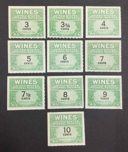 MOMEN: US STAMPS #RE113/RE123 WINES UNUSED LOT #54051