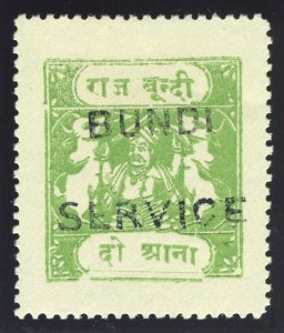 India - Bundi 1915 Official 2a yellow-green (black ovpt SG Type O3) MLH. SG O50C