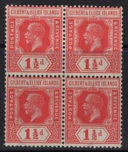 GILBERT & ELLICE IS. SG29 1924 1½d SCARLET BLOCK OF 4 MNH