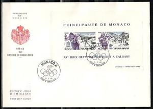 Monaco, Scott cat. 1620. Calgary Olympics sheet. Large First day cover. ^